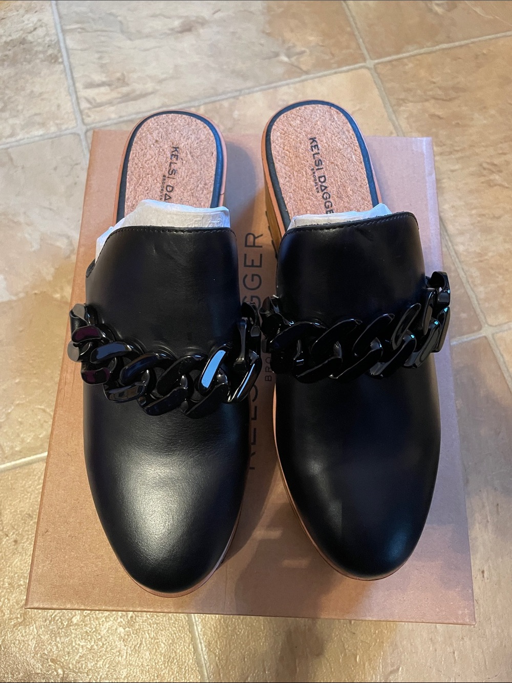 Kelsi Dagger Black Leather Chain-Trim Mules